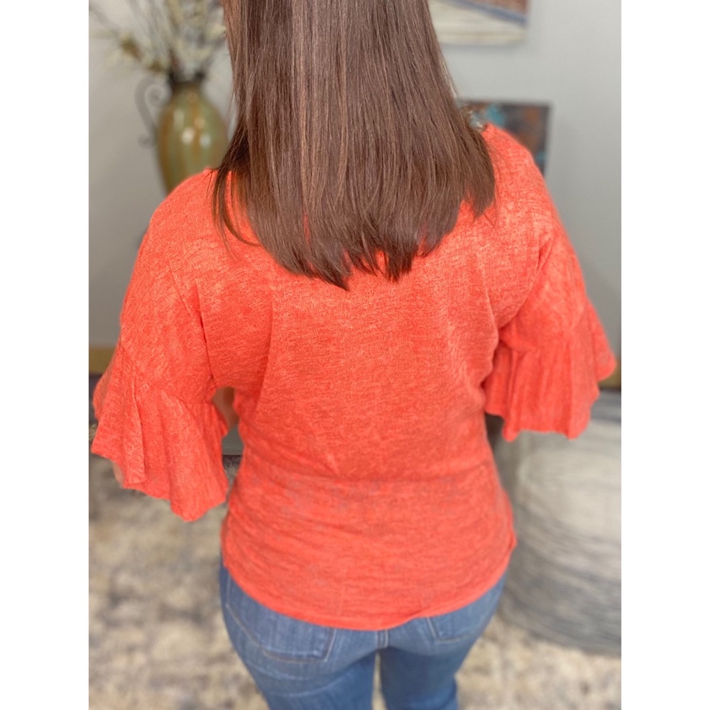 ❤️‍🔥Boat Neck Short Ruffle Bell Dolman Sleeve Top Coral 0922 - Picture 7 of 14